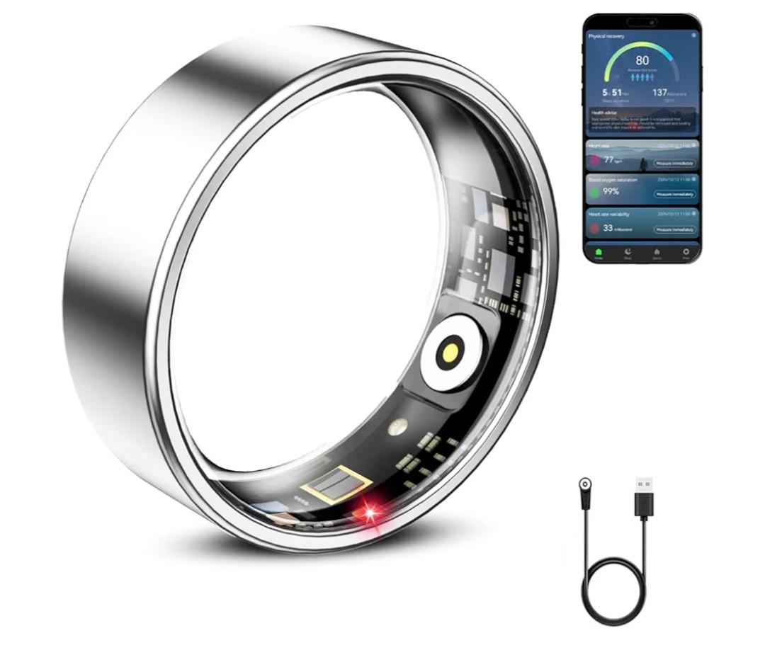 Smart Ring for Women & Men, Smart Ring Health Tracker, Blood Oxygen & Heart Rate Monitor, Long Lasting Battery Sleep Ring, Waterproof Fitness Ring (Silver, 8)