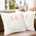 Cute Bunny Pillow Covers 18x18 Set of 2, Ultra-Soft Plush Faux Fur White Rabbit Throw Pillowcases with Pink Embroidered Ears for Spring Farmhouse Home Decor, Kids Room & Easter Gifts