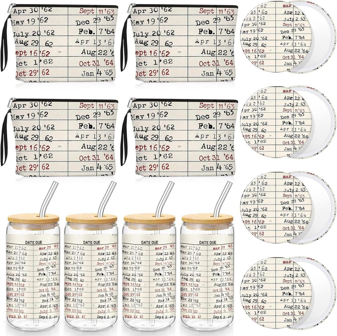 SiliFine 12pcs Book Lover Gifts Bulk Bookish Accessories Gifts for Women-17oz Glass Cup with Lids Straws Canvas Makeup Bags Compact Mirrors for Book Reading Lovers, Women, Readers