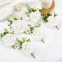 Ivory Rose Boutonniere for Men,Set of 6,Groom and Best Man Boutonnieres with Artificial Flower,for Wedding Ceremony Anniversary, Formal Dinner Party, Fall Vintage Rustic Marriage Prom