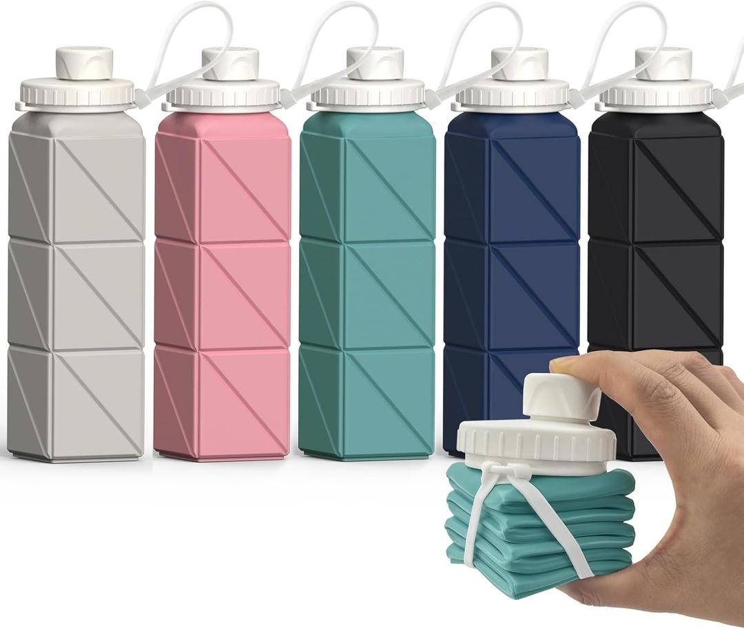 Collapsible Water Bottles 20.6oz, Silicone Foldable Portable Travel Water Bottle, BPA-Free, Leakproof Reusable for Traveling Hiking Sports, 5 Pack (Starlight+Pink+Blue+Dark Blue+Black)