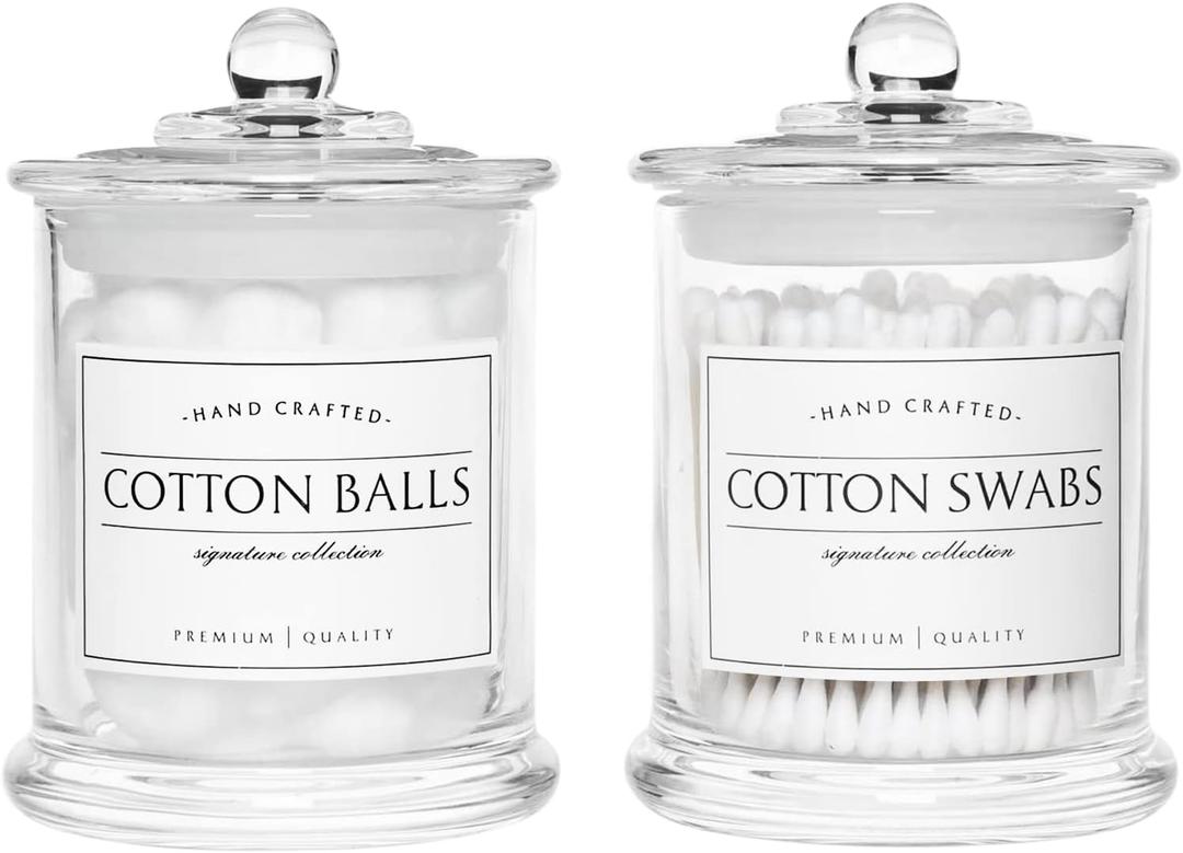 Volisnova 2 Pack Farmhouse Apothecary Jars with Lids - Glass Qtip Dispensers and Cotton Ball Holders for Bathroom Vanity Storage and Organization with 8 Pcs Wterproof Labels (Clear Glass)