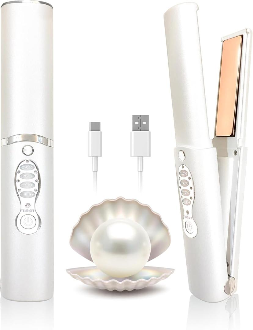 Cordless Hair Straighteners 5000 mAh Long Range Titanium Portable Flat Iron Wireless Mini Hair Straightener 2 in 1 for Straightening and Curling Travel Straightener max. 210/410 Heats Up in Seconds (White)