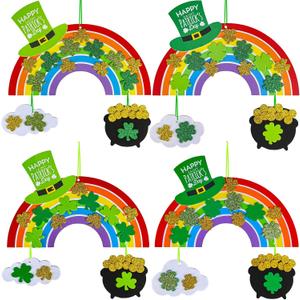 Winlyn 12 Sets St. Patrick's Day Decorations Rainbow Ornaments DIY St. Pat's Craft Kits Rainbow Four-Leaf Clover Irish Lucky Shamrock Foam Stickers for Kids Party Classroom Home Activity Art Project
