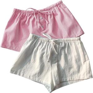 MakeMeChic Women's 2 Pack Linen Shorts Striped Gingham Summer Beach Pajama Boxer Shorts, Medium
