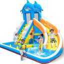 TOAOB Inflatable Water Slide,5 in 1 Dolphin Inflatable Bounce House for Kids- Climbing Wall Splash Pool Water Cannon Basketball Rim - 480W Blower - for Indoor Outdoor Backyard Birthday Party