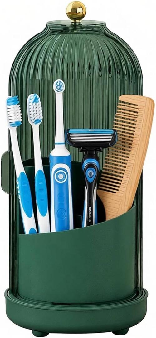 JEESA Toothbrush Holder Organizer, with Drainage Holes, with Dustproof Cover, 360 Rotating, 3 Slots, for Bathroom Countertop, Green
