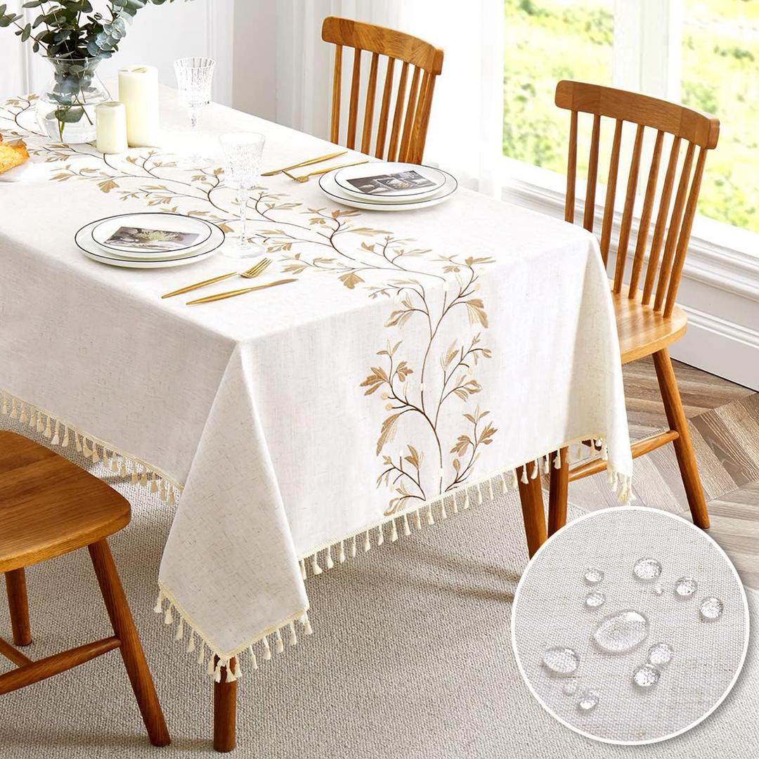 QIANQUHUI Embroidered Tablecloth for Dining Table,Rustic Farmhouse Kitchen Table Cover, Dust Proof Spillproof Soil Resistant Cotton Linen Rectangle Tablecloths (N-Beige,55x120 inch)