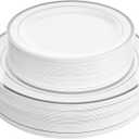 Aya's 60 Silver Rimmed Plastic Plates for Party, Heavy Duty Disposable Plate Set of 30 Dinner and 30 Dessert Plates for Weddings and Special Events, Fancy Disposable Tableware