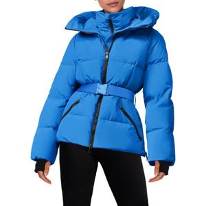 Fisoew Womens Ski Jacket Warm Hooded Insulated Waterproof Quilted Puffy Mountain Snow Winter Coat with Belt (Large, Blue)