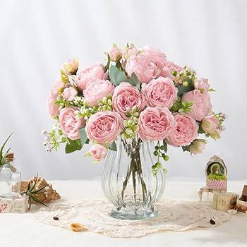 Domensi 6 Sets Wedding Floral Centerpiece for Table Decor, Artificial Peonies Silk Flowers Bouquet with Flower Foam and Metal Vase Faux Floral Arrangement for Bridal Shower Tea Party (Blush Pink)