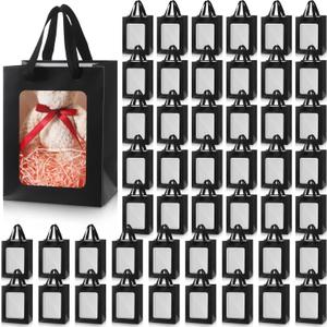 Harloon 48 Pieces Paper Gift Bag with Transparent Clear Window 7.9 x 5.9 x 3.9 Inch Kraft Bags with Handles for Easter Bridal Baby Shower Graduate Mother's Day Birthday Party Supplies(Black)