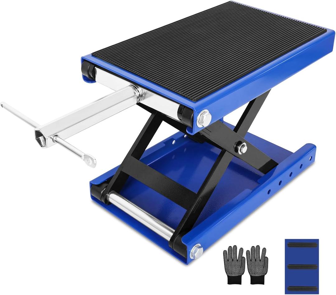 Motorcycle Lift, 1100 Lbs Capacity Motorcycle Scissor Jack with Upgraded Anti-Slip Bottom and Thickened Rubber Wide Deck,Steel Motor Bike Hoist Stand with Crank for ATV, Cruiser Bikes, Dirt Bikes (Blue)