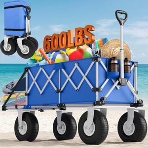 Blue Beach Wagon with Big Wheels for Sand - Heavy Duty 10" Wheel Collapsible Wagon Foldable Large Cart Folding All Terrain for Camping