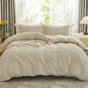 AveLom Beige Seersucker Duvet Cover Set Queen Size (90 x 90 inches), 3 Pieces (1 Duvet Cover + 2 Pillow Cases), Ultra Soft Washed Microfiber, Textured Duvet Cover with Zipper Closure, Corner Ties