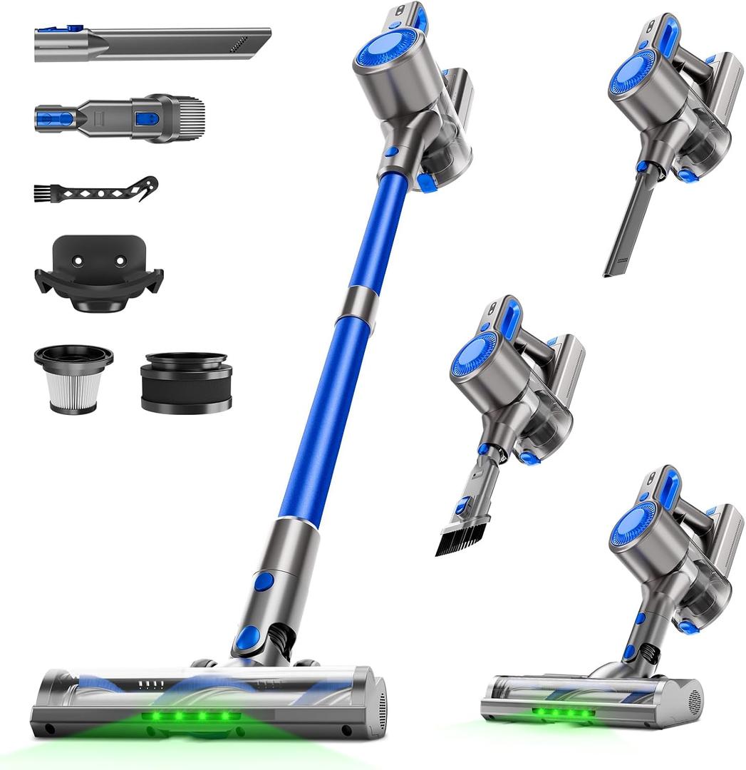 Cordless Vacuum Cleaner for Home, Powerful Stick Vacuum with Rechargeable Battery, Green Light Anti-Tangle Brush, 6-in-1 Lightweight Vacuum for Pet Hair, Carpet, Blue