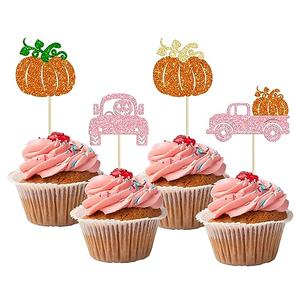 24Pcs Pumpkin Truck Cupcake Toppers Glitter Fall Harvest Truck Cupcake Picks Pumpkin Cake Decorations for Harvest Thanksgiving Day Theme Wedding Birthday Party Supplies Pink