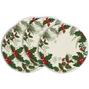 Artoid Mode Holly Xmas Pine Christmas Round Placemats Set of 4, 14 Inch Winter Round Table Mats for Vintage Dining Decoration (Red/Green)