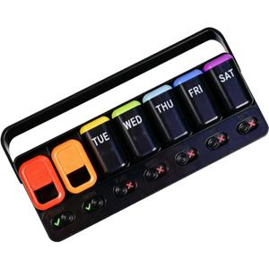 Sliding Lid Pill Organizer 7 Day Weekly Pill Box with 7 Detachable Containers, Leakproof Portable Medicine Case for Vitamins, Fish Oil, Supplements (Black)