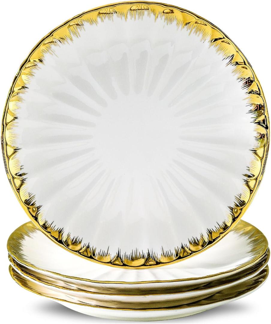Dinner Plates, Ceramic dinner plates Set of 4, White Dinner Plate with Gold Rim, 10 Inch Dinnerware Dish Set for Kitchen Round Salad-Plates, Dessert Appetizer plate Serving Dishes for Parties