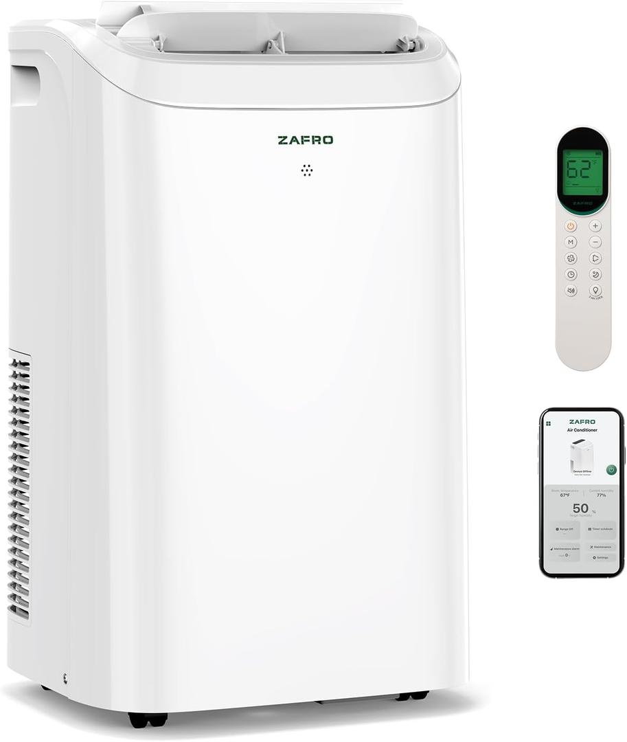 ZAFRO 14,000 BTU (10000 BTU SACC) Portable Air Conditioners with WiFi APP Control, 46dB, R32 Eco-Friendly,Fast Cooling in 30s, No Drainage Needed, Filter Cleaning Reminder, 360 Wheels for Home/Office