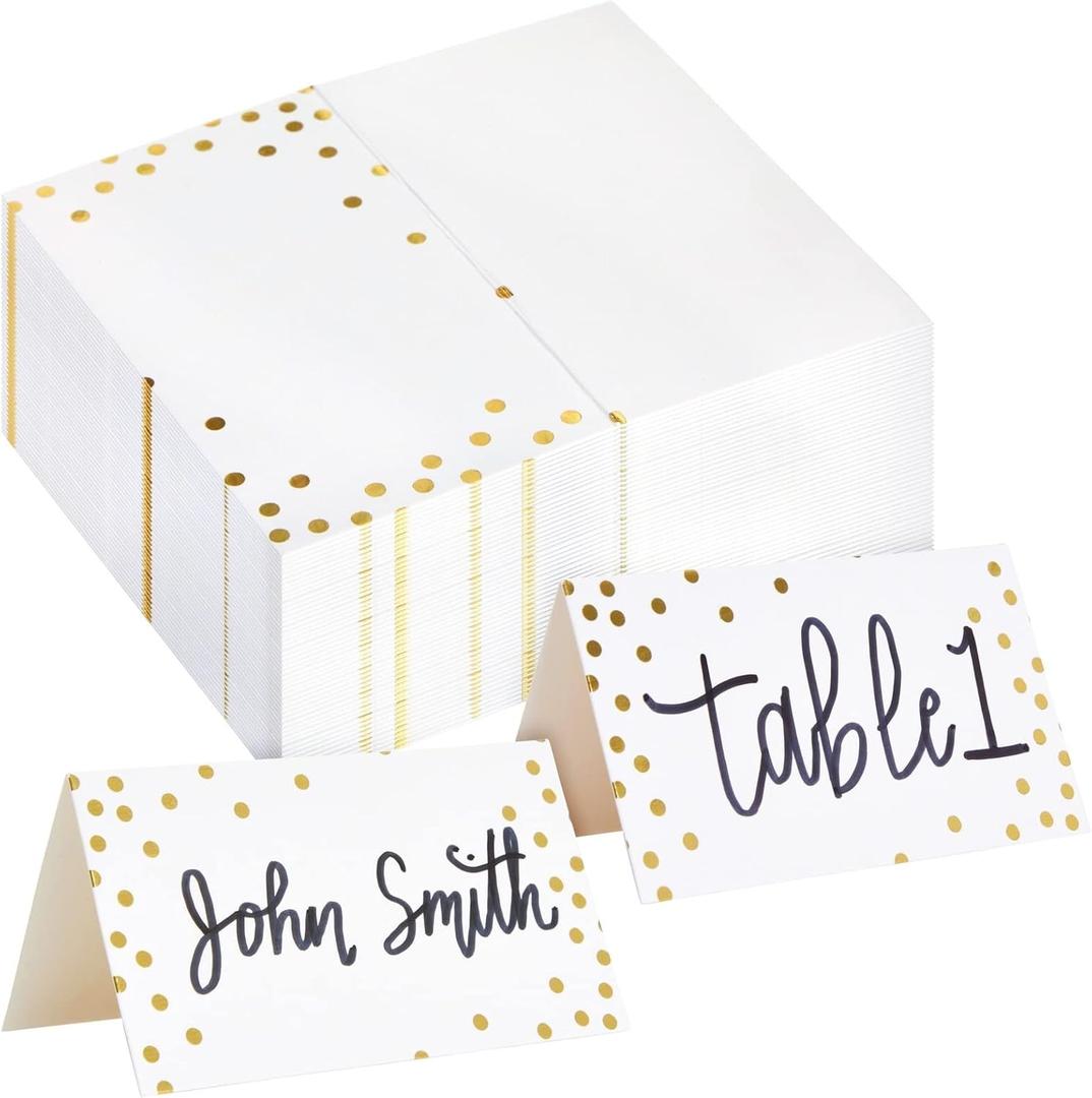 Best Paper Greetings Place Cards for Table Setting - 3.5 x 2 In Folded, 100 Pack, Gold Foil Polka Dots, 250gsm Paper - Place Card Holders & Food Tags for Weddings & Dinner Parties