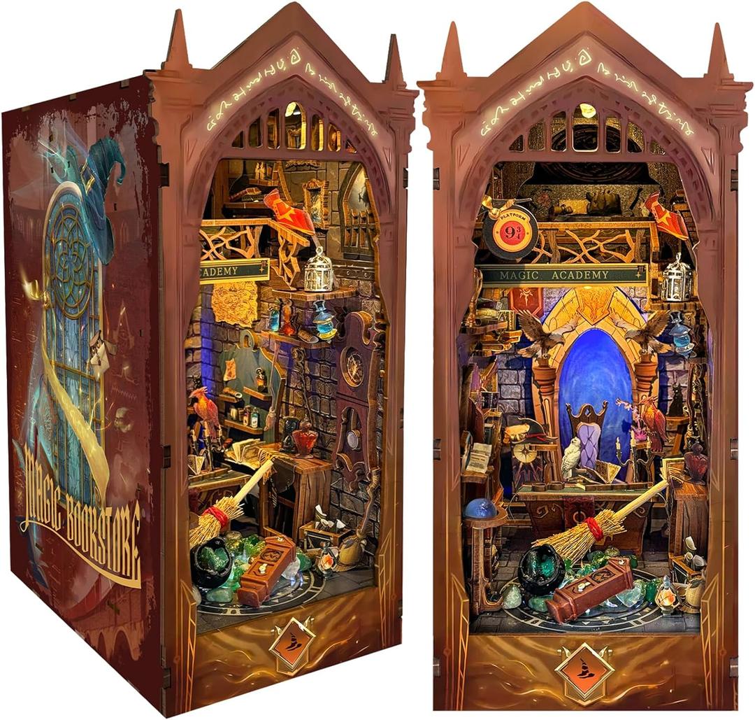 DIY Book Nook Kit, DIY Miniature Dollhouse Kit for Adults and Teens, Book Nook Bookshelf Insert Decor 3D Wooden Puzzle Bookend Miniature Kit with Sensor Light Creative Craft (Magic Academy)