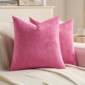 FUTEI Valentine's Day Hot Pink Velvet Throw Pillow Covers 18x18 Inch Set of 2,Soft Embossed Leaf-Relief Textured Cushion Cases,Natural Home Decor for Couch Living Room