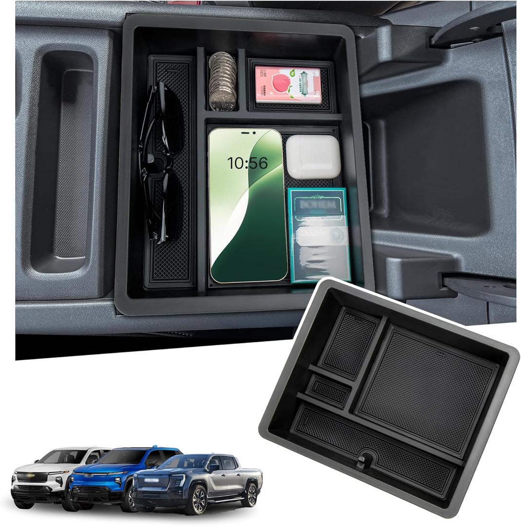 Rear Center Console Organizer Compatible with 2024-2026 Chevy Silverado EV Work Truck (WT)/RST First Edition/LT, 2024-2026 GMC Sierra EV Accessories, Armrest Storage Box Tray with Sunglasses