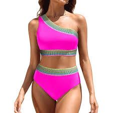Tempt Me Vibrant Pink One-Shoulder Bikini with Textured Stripes Medium