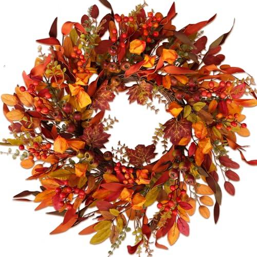 24" Berry Branches Fall Wreath with Colorful Mixed Leaves, Autumn Eucalyptus Artificial Wreath for Thanksgiving Halloween Front Door Window Home Wall Farmhouse Holiday Outdoor Indoor Décor