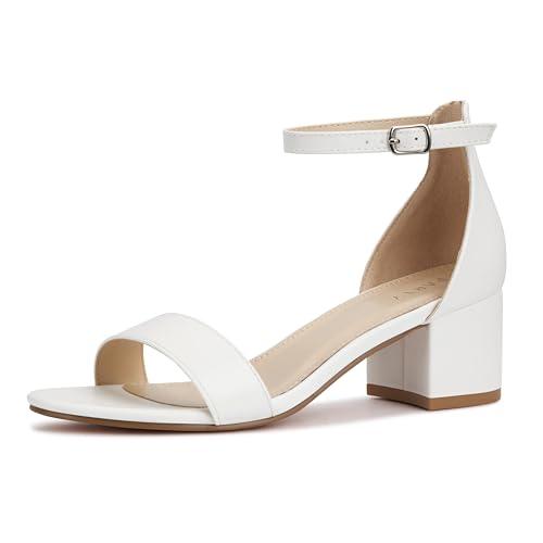 PARTY Women's Open Toe Ankle Strap Low Block Chunky Heels Sandals, White Pu B, 7.5