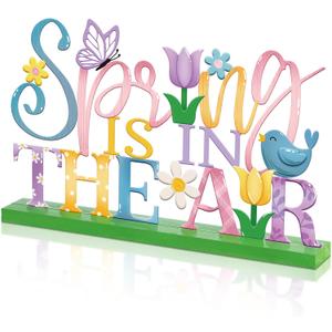 Cinnvoice Metal Spring Decorations for Home Spring Is Here Table Sign Decoration Farmhouse Flowers Butterfly Centerpiece with Wooden Base Seasonal Letter Tiered Tray Decor for Office Shelf Mantel
