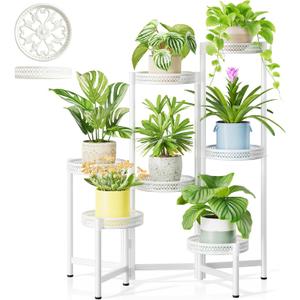 7 Tier Plant Stand Indoor Outdoor, Corner Tiered Plant Stands, Planter Display Rack for Multiple Plants, Wrought Iron Flower Stand, Folding Tall Plant Rack Shelf for House Patio Garden - WhiteWave