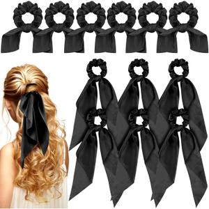 MTLEE 12 Pcs Hair Accessories for Women Hair Bows Scrunchies Scarf Ties Bunny Ears Silk Satin Scrunchies Ribbons Scarf Ties with Bows for Women Lady(Black)