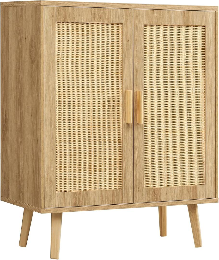 Iwell Storage Cabinet with 2 Shelves, Rattan Cabinet with 2 Doors, Sideboard Buffet Cabinets with Storage for Living Room, Dining Room, Entryway, Natural, 31.4''H