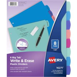 Avery Durable Plastic 8-Tab Write & Erase Big Tab Dividers for 3 Ring Binders, Pastel Brights (16271)