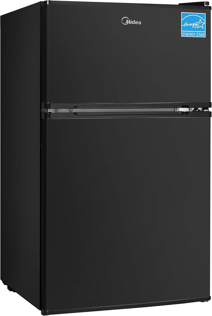 Midea WHD-113FB1 Double Door Mini Fridge with Freezer for Bedroom Office or Dorm with Adjustable Remove Glass Shelves Compact Refrigerator, 3.1 cu ft, Black, 3.1 cubic feet