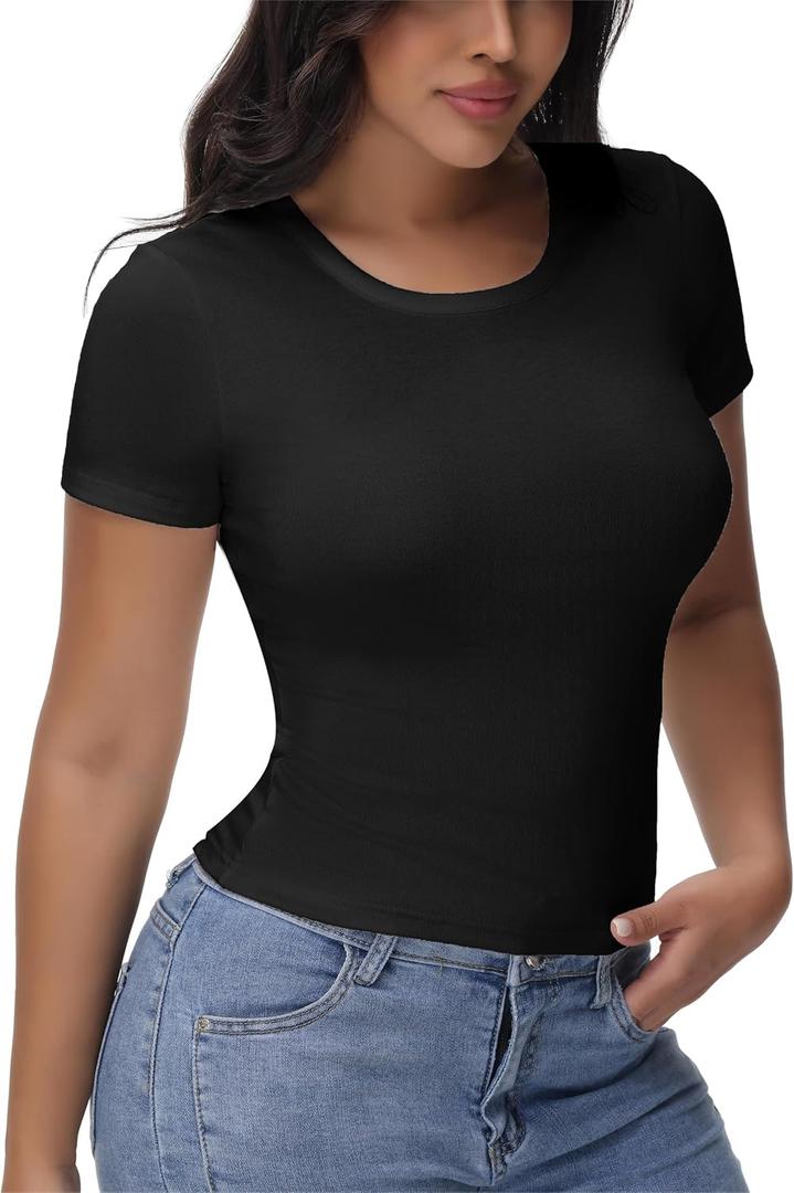 Womens T Shirts Basic Short Sleeve Crew Neck Slim Fit Tees Summer Workout Casual Bodycon Tops 2025 (Black, XXL)