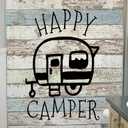 Happy Campers Shower Curtain Retro Rustic Wood Neutral Color For Travel Trailer Camping Motor RV Bathroom Stall Shower Curtain Set, Small Size Waterproof Fabric Shower Cutain, Hooks Include 47x64