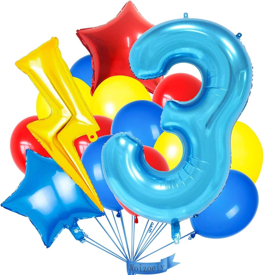 40 Inch Blue 3 Balloon Number, Latex Red Black Yellow Balloons, Mylar Lightning Balloons for Kids Cartoons Theme 3th Birthday Baby Shower Decorations