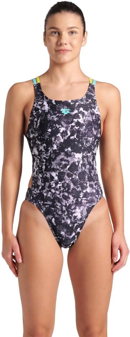ARENA Womens Performance Women's Rockin Swim Tech Multi Back Training Swimsuit Ladies Bathing Suit (22, Multi Black/Water/Soft Green)