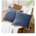 Pack of 2 Farmhouse Decorative Solid Throw Decorative Pillow Cover Burlap Linen Trimmed Tailored Edges Navy Blue 18 x 18 inches, 45 x 45 cm