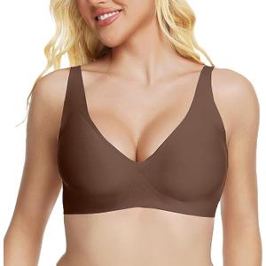 Jelly Wireless Bra Deep V Push Up Seamless T-Shirt Comfortable Plunge No Underwire Bras with Adjustable Straps Everyday Bras (Brown) M