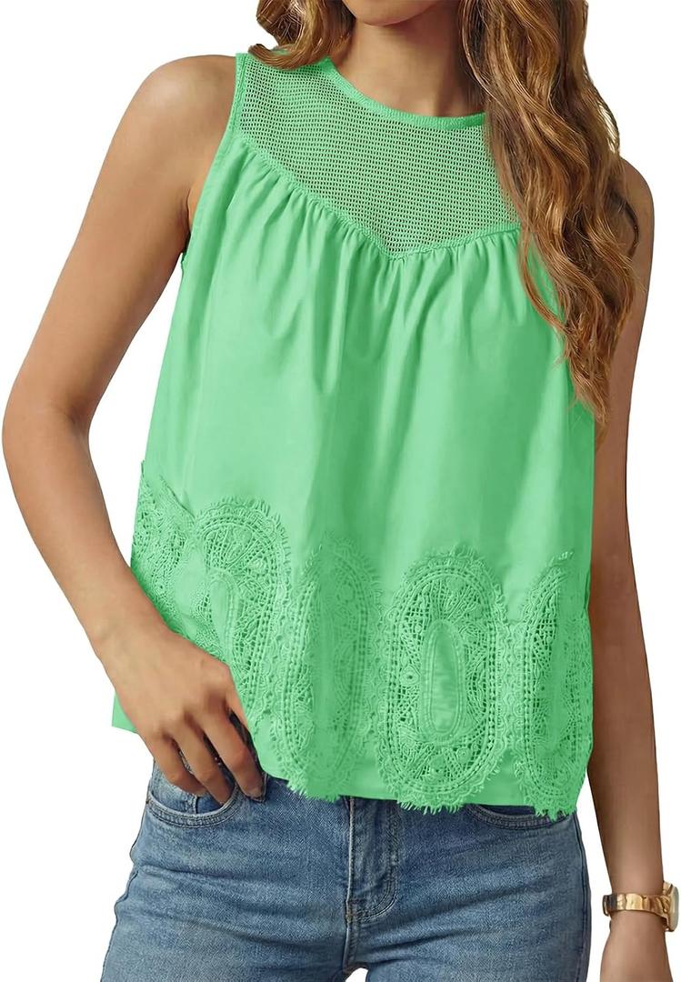 Tankaneo Womens Lace Tank Tops Summer Casual Mesh Loose Fit Sleeveless Blouses Pleated Crew Neck Tees Shirts (Green, S)