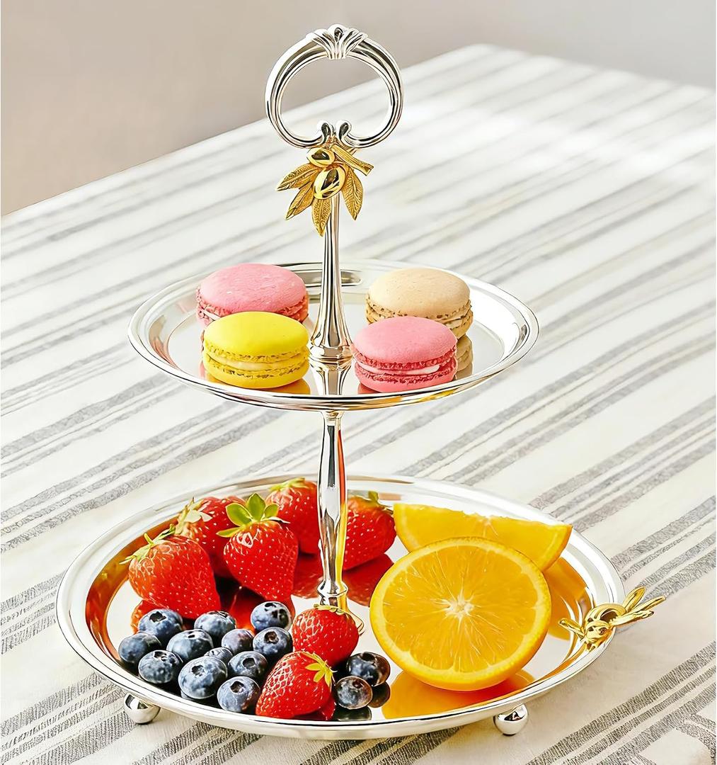 2 Tier Cupcake Stand, Afternoon Tea Stand,Premium Alloy Cupcake TowerElegant Gold-Toned Flower Accents,Dessert Cupcake Stand for Tea Party Serving Platter,Silver Tiered Tray Stand