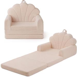 Blissful Diary Kids Couch, 2-in-1 Soft Toddler Couch Fold Out, Toddler Chair Comfy, Convertible Sofa to Lounger, Kids Furniture for Playroom, Gift for Birthday, Children's Day, Beige Shell