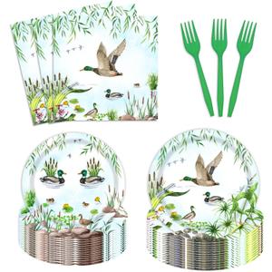 96 Pcs Mallard Duck Party Plates and Napkins Party Supplies One Lucky Duck Tableware Set Duck Hunting Birthday Party Decorations Favors for Duck Hunter Baby Shower Serves 24