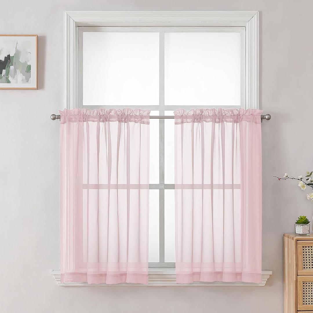 OVZME Blush Pink Sheer Curtains 36 inch Length 2 Panels Set, Light Filtering Voile Rod Pocket Short Window Curtians for Bathroom Living Room Farmhouse Small Windows, Each 42Wx36L Inches