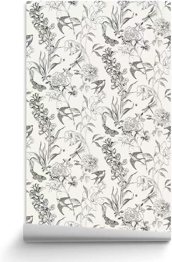 24x117 Inches Elegant Black and White Botanical Floral Wallpaper Contact Paper for Walls Bathroom Kitchen Cabinets Shelves Dresser Drawer Furniture Arts Crafts Decor
